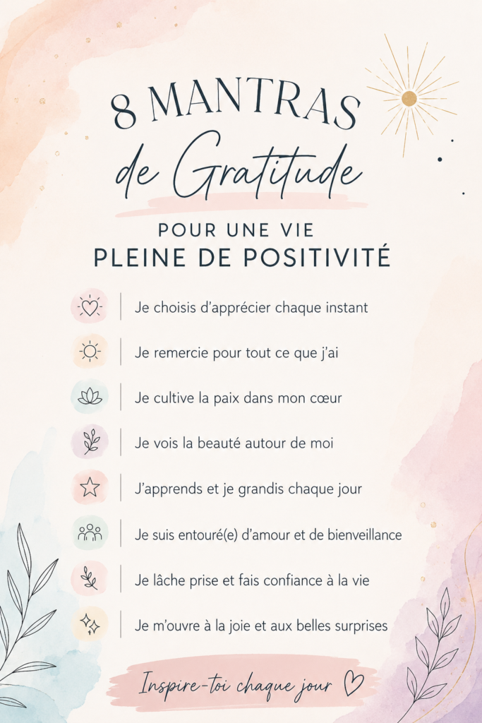 Une femme méditant avec un sourire serein, entourée de nature, pratiquant des mantras de gratitude.