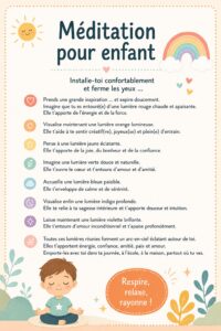Un enfant assis en méditation, entouré d'un atmosphère calme et apaisante.