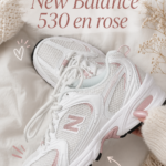 Des New Balance 530 roses sur un fond neutre, mettant en avant leur design élégant et tendance.