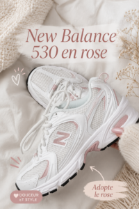 Des New Balance 530 roses sur un fond neutre, mettant en avant leur design élégant et tendance.