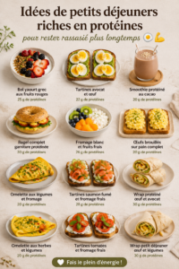 Assiette de petits-déjeuners variés riches en protéines, incluant des œufs et des fruits.