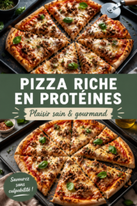 Une délicieuse pizza protéinée à base de skyr présentée sur une table en bois.