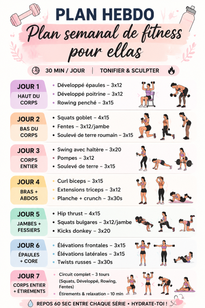 Plan de fitness hebdomadaire pour femmes avec exercices variés