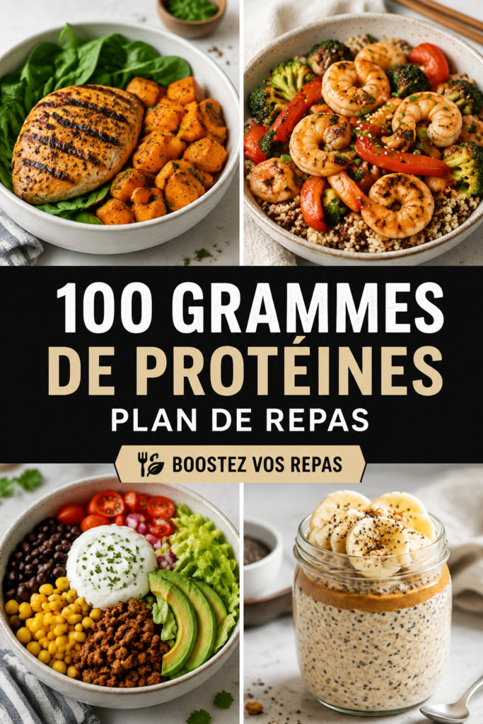 Assiette colorée de repas riche en protéines pour femmes actives, incluant viandes, légumes et légumineuses.