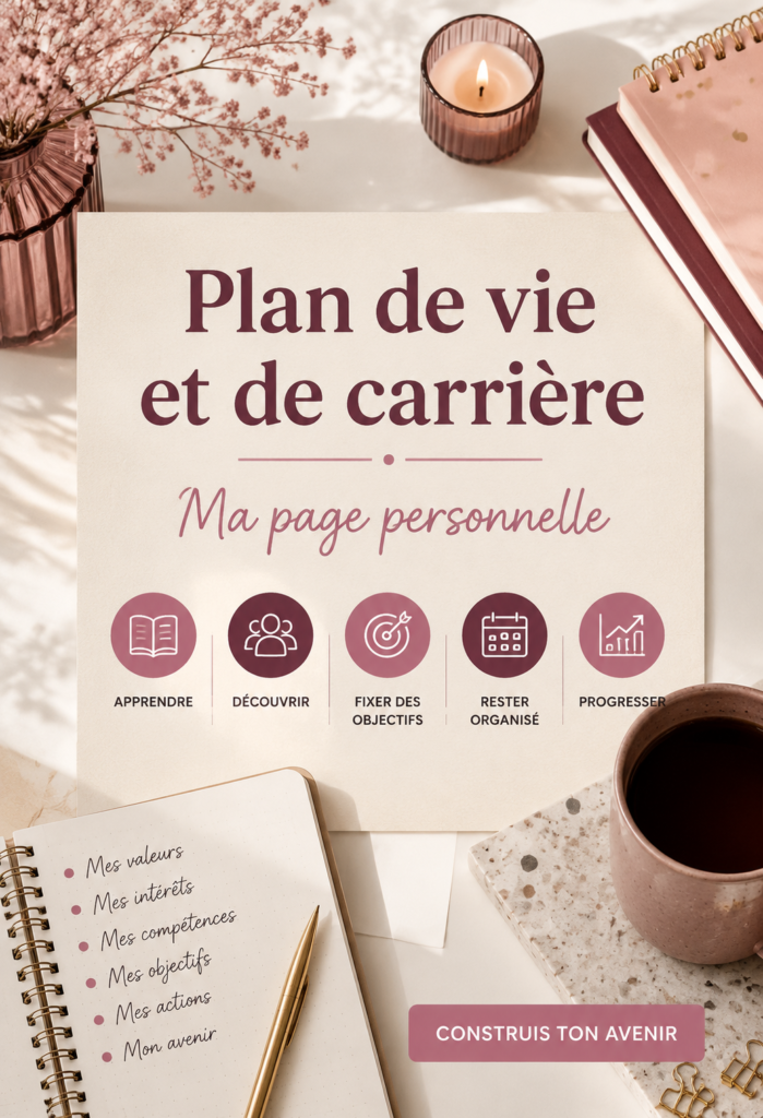 Une femme réfléchissant à son plan de vie et de carrière avec un carnet et un stylo.