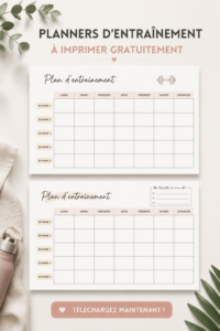 Planificateur d'entraînement imprimable avec des espaces pour chaque jour de la semaine et des exercices.