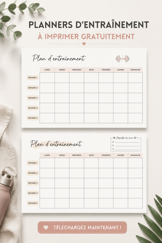 Planificateur d'entraînement imprimable avec des espaces pour chaque jour de la semaine et des exercices.