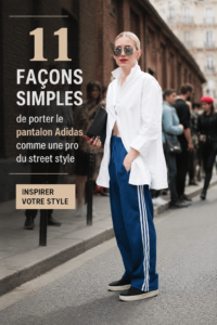 Femme portant des pantalons Adidas stylisés avec une tenue décontractée