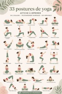 Poster imprimable avec 33 poses de yoga en deux couleurs, adapté pour les débutants et confirmés.