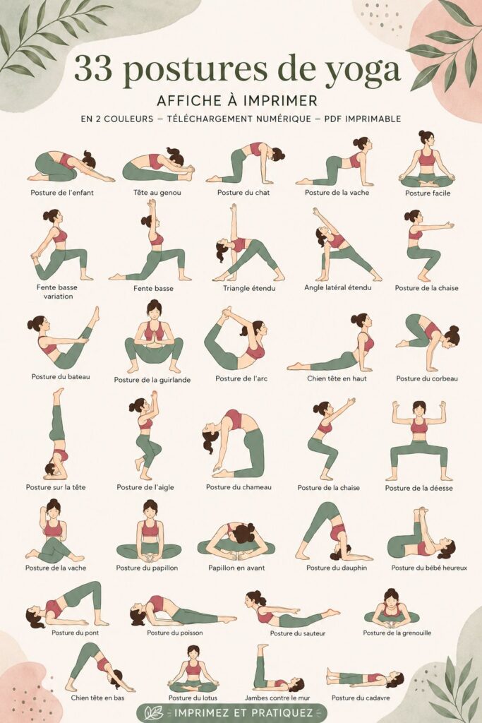 Poster imprimable avec 33 poses de yoga en deux couleurs, adapté pour les débutants et confirmés.