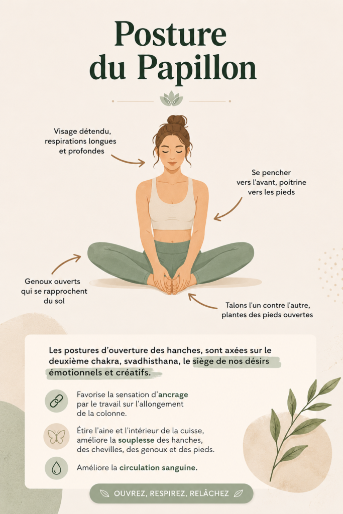 Femme pratiquant la posture du Papillon en pleine nature, illustrant une relaxation et une sérénité.