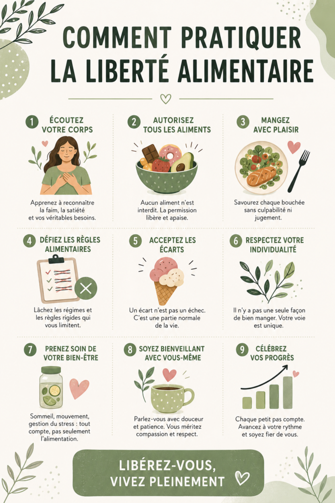 Une femme souriante savoure un repas équilibré, symbolisant la liberté alimentaire.