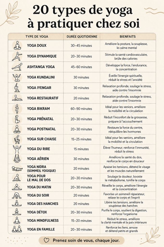 Femme pratiquant le yoga à domicile, dans un environnement calme et accueillant.