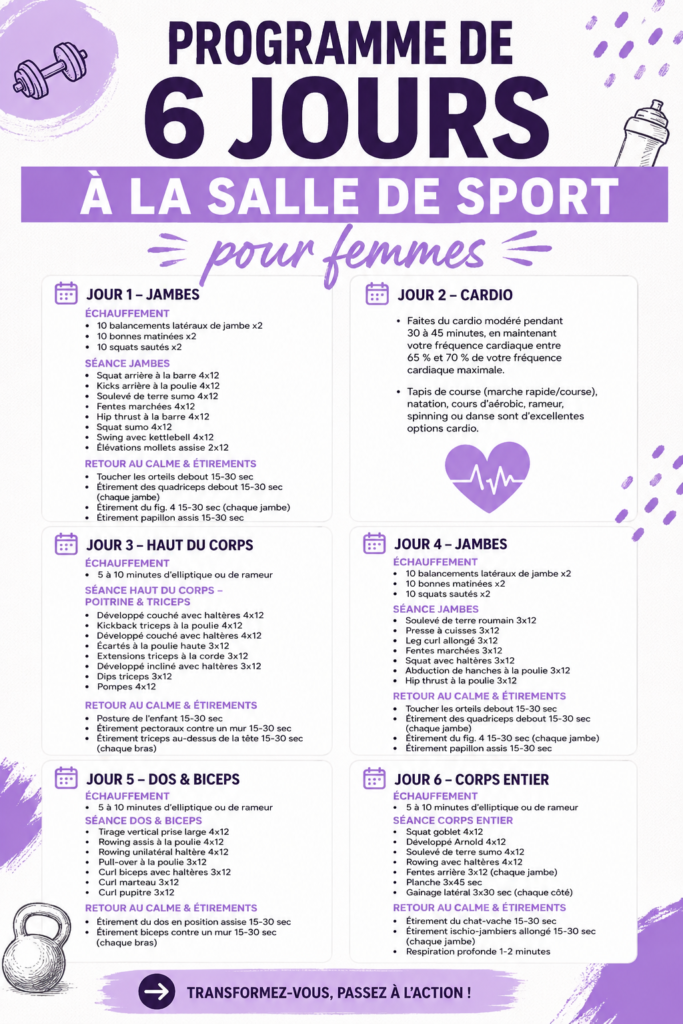 Femme faisant de l'exercice dans une salle de gym, illustration d'un programme d'entraînement de 6 jours
