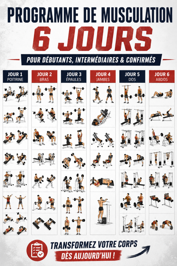 Femme s'entraînant dans une salle de sport avec un programme de 6 jours de fitness
