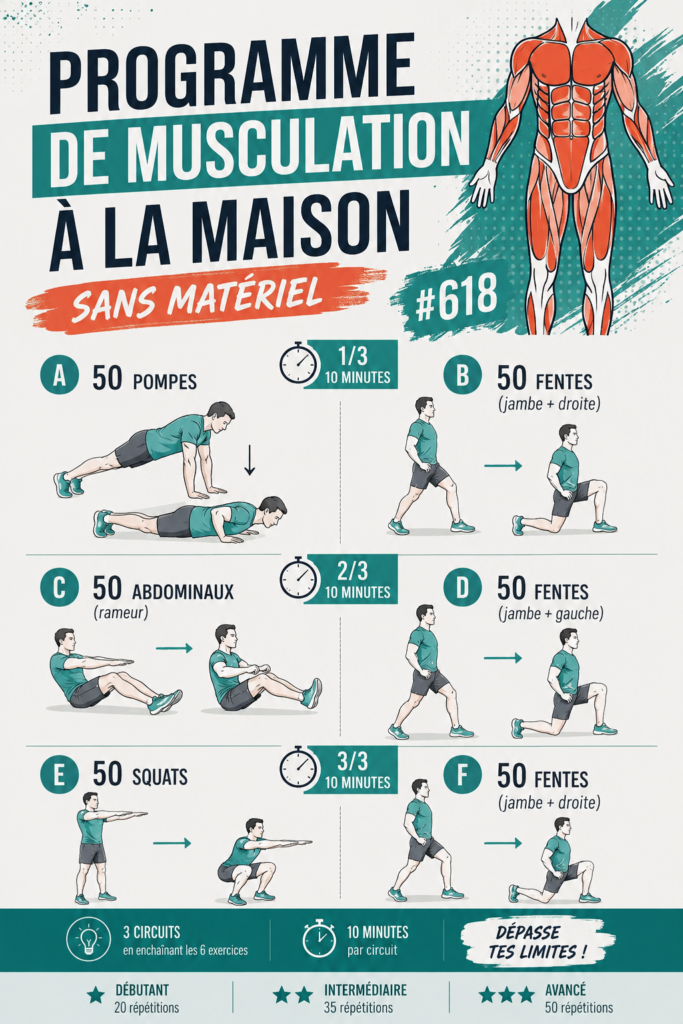 Femme s'entraînant à la maison sans matériel, exécutant un exercice de musculation.