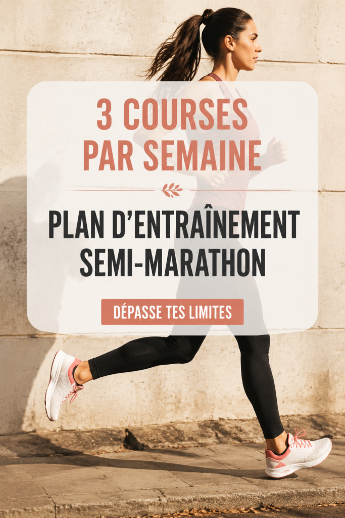 Femme courant à l'extérieur, se préparant pour un semi-marathon avec un programme d'entraînement adapté.