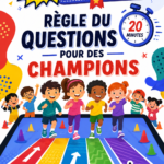 Un groupe d'enfants riant et jouant à un quiz sportif en famille.