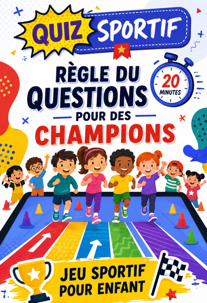 Un groupe d'enfants riant et jouant à un quiz sportif en famille.