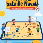 Dessin coloré d'un plateau de jeu de bataille navale avec des bateaux en bois