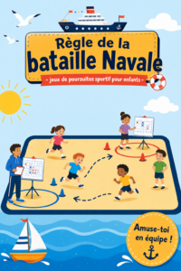 Dessin coloré d'un plateau de jeu de bataille navale avec des bateaux en bois