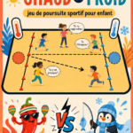 Enfants jouant au jeu 'Chaud et Froid' dans un salon lumineux.