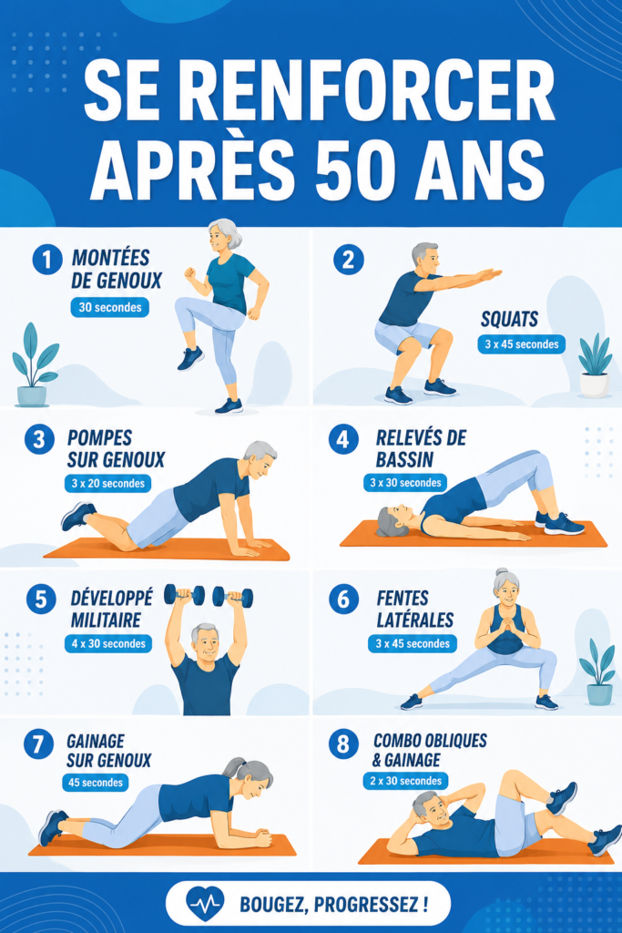 Femme active de 50 ans pratiquant des exercices de renforcement musculaire à domicile.