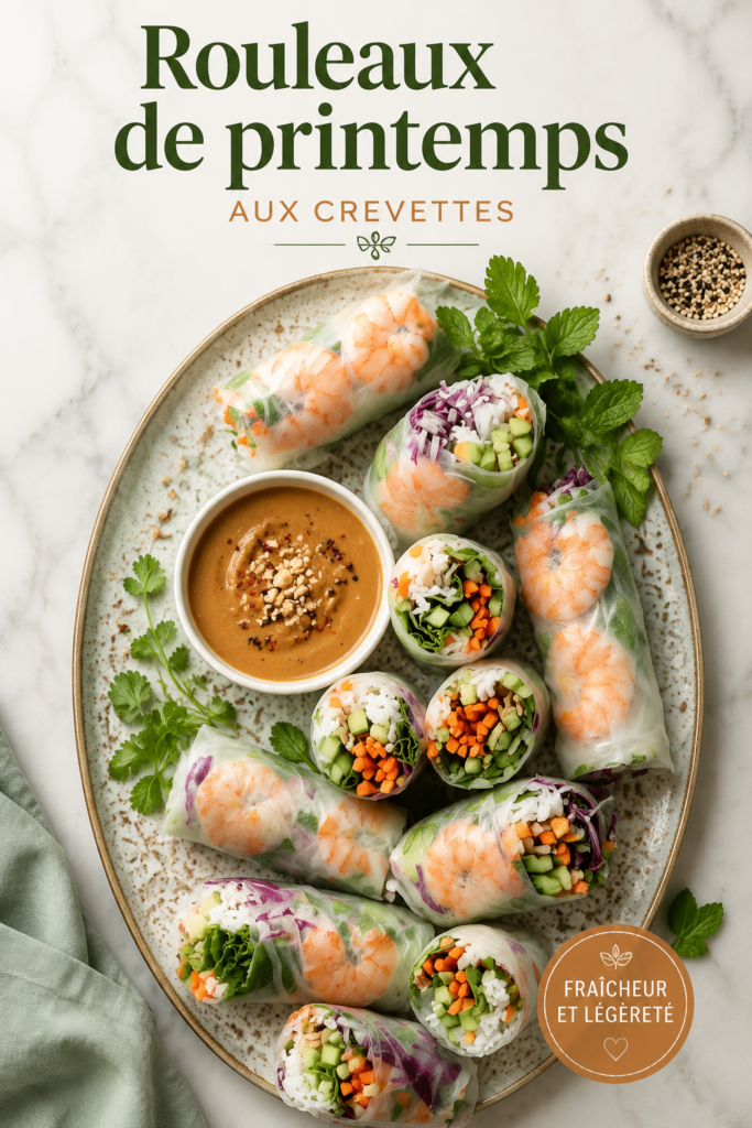 Rouleaux de printemps aux crevettes fraîchement préparés sur une assiette colorée.