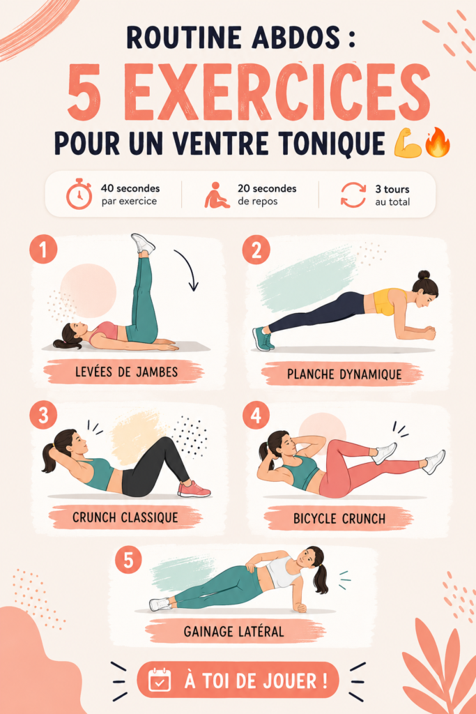 Femme en train de réaliser des exercices d'abdominaux à la maison pour tonifier son ventre.