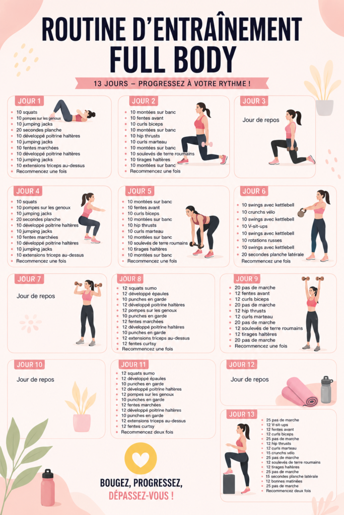Femme s'entraînant avec des poids dans un gymnase lumineux, illustrant une routine d'entraînement complet pour tout le corps