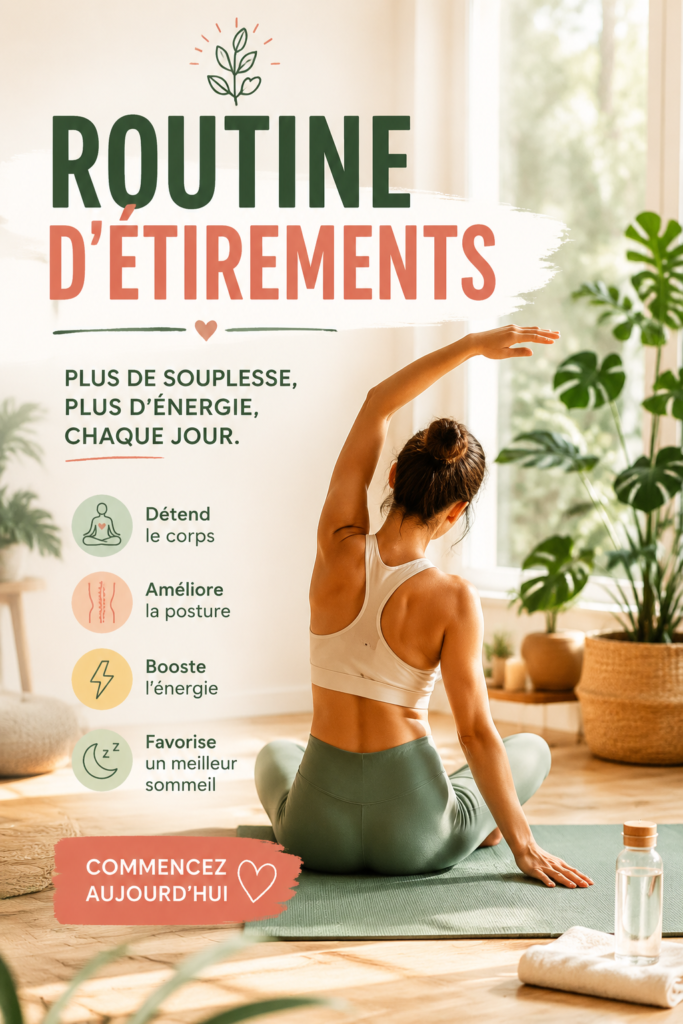 Femme en train de faire des étirements dans un parc, illustrant une routine de bien-être.