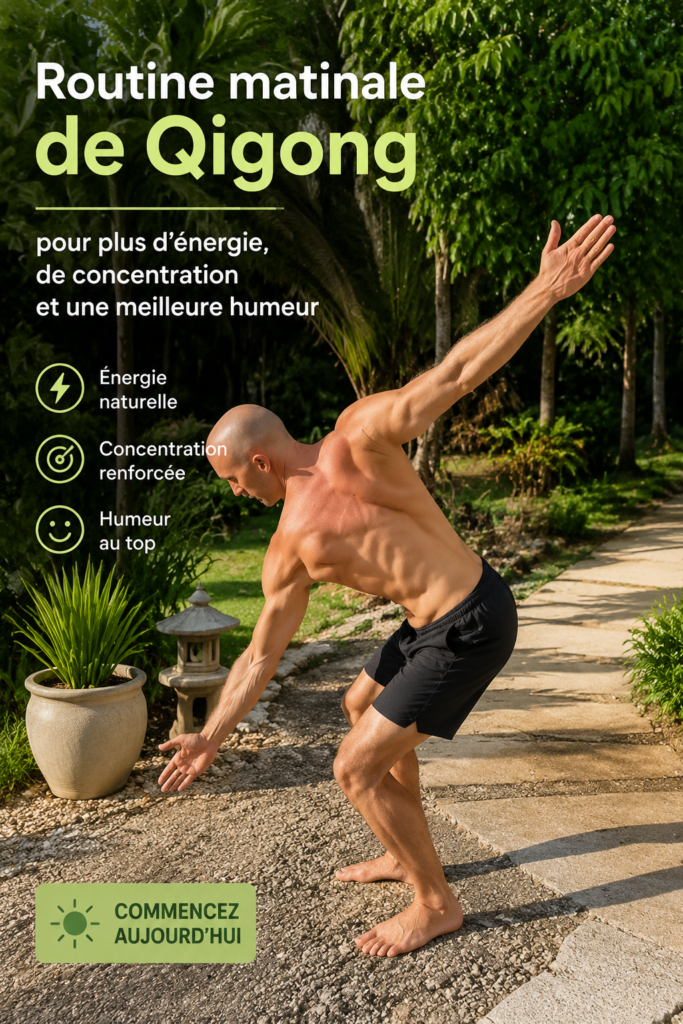 Femme pratiquant le Qigong au lever du soleil pour une matinée pleine d'énergie.