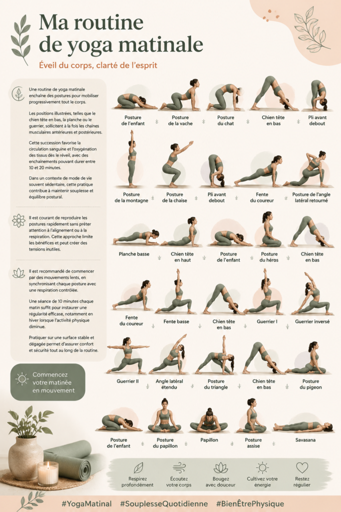 Femme pratiquant le yoga matinal sur un tapis dans un cadre tranquille