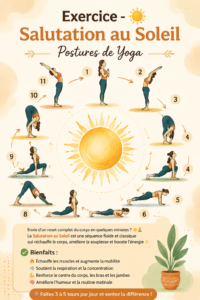 Femme pratiquant la Salutation au Soleil sur un tapis de yoga
