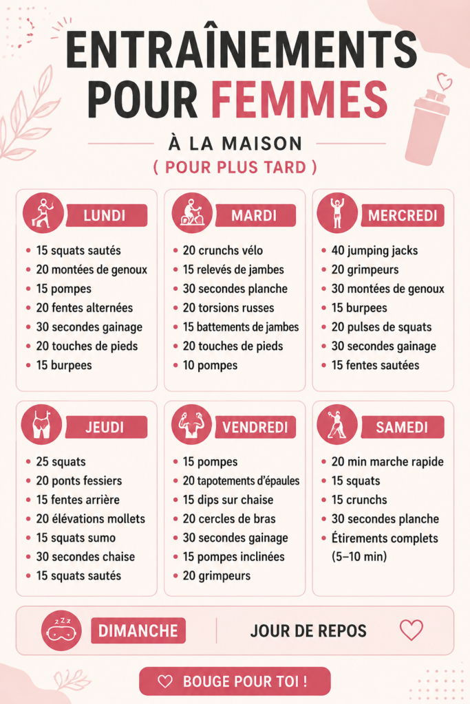 Femme faisant un entraînement à domicile avec des équipements simples.