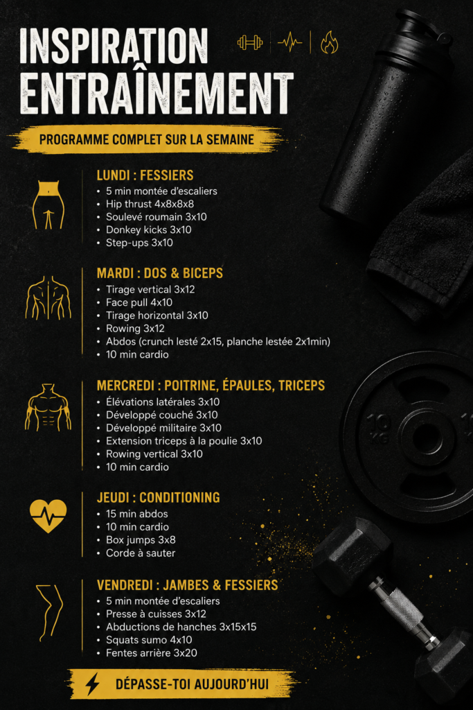 Femme s'entraînant en extérieur, illustrant une routine de fitness hebdomadaire.