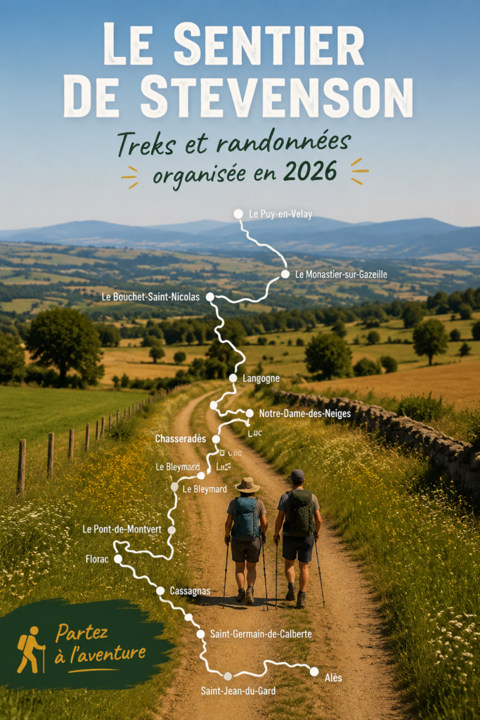 Randonnée sur le sentier de Stevenson avec des paysages magnifiques en arrière-plan.