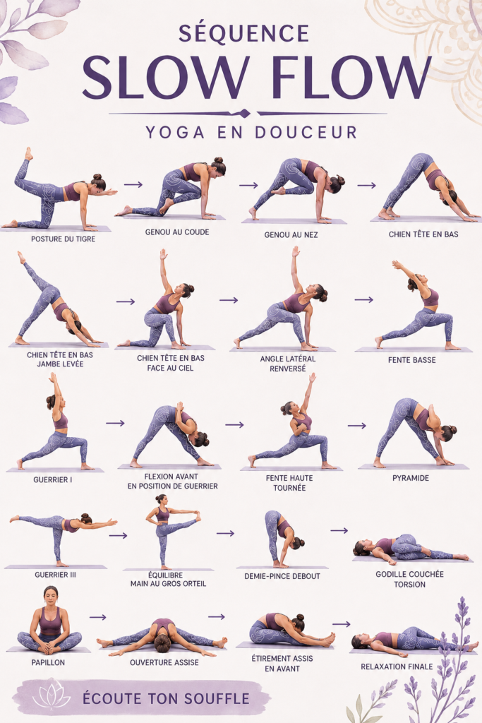 Femme pratiquant une séquence de yoga flow apaisant dans un cadre paisible.
