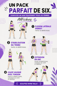 Femme réalisant des exercices AB sans équipement, debout dans son salon.