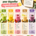 Smoothie vert frais dans un verre, riche en ingrédients dégonflants comme le concombre et le citron.