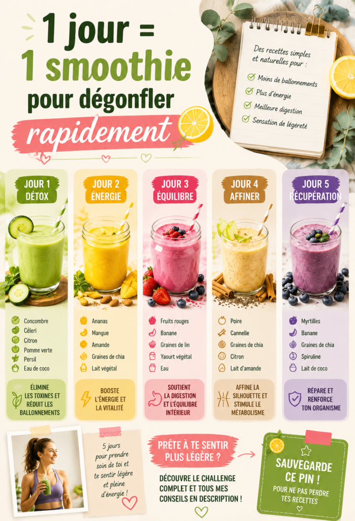 Smoothie vert frais dans un verre, riche en ingrédients dégonflants comme le concombre et le citron.