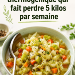 Une soupe aux choux légère servie dans un bol blanc, prête à déguster.