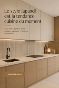 Cuisine au style Japandi avec un mobilier en bois clair et des couleurs neutres.