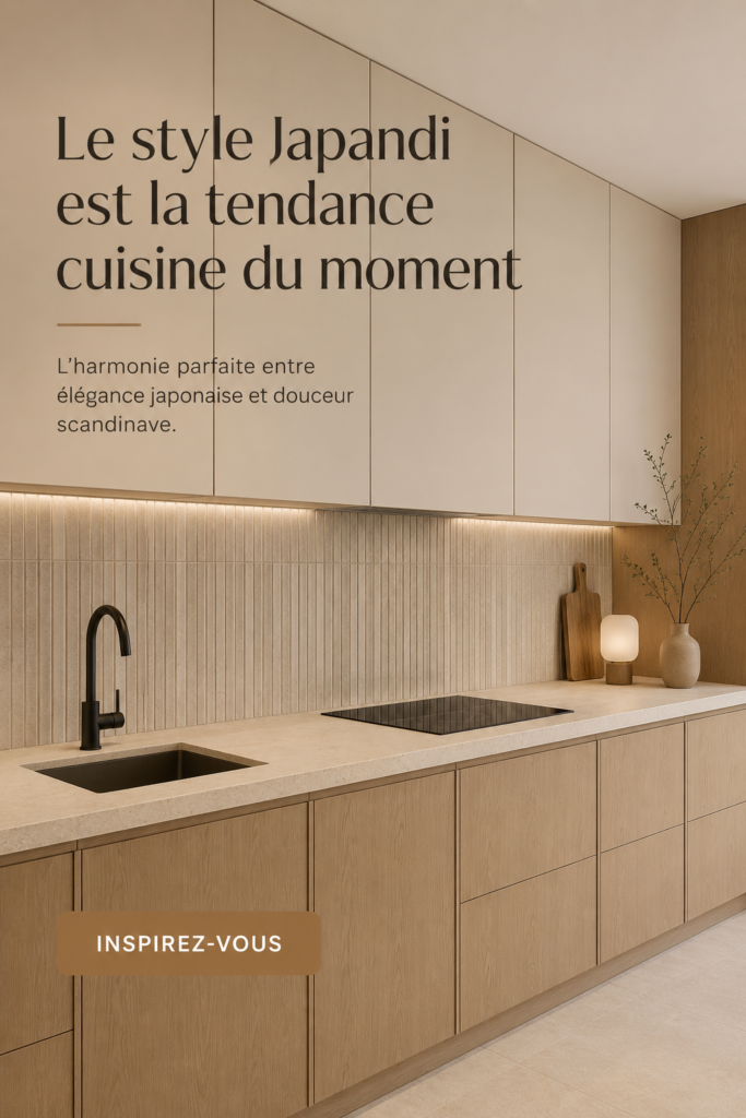 Cuisine au style Japandi avec un mobilier en bois clair et des couleurs neutres.