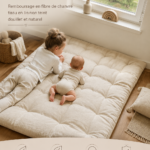Tapis d'éveil en lin naturel pour bébé, apportant confort et sécurité dans un espace de jeu.