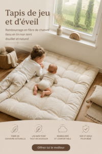 Tapis d'éveil en lin naturel pour bébé, apportant confort et sécurité dans un espace de jeu.