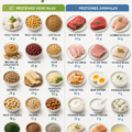 Assiette colorée avec divers aliments protéinés.