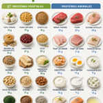 Assiette colorée avec divers aliments protéinés.