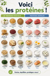 Assiette colorée avec divers aliments protéinés.