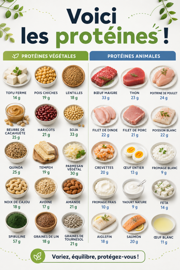 Assiette colorée avec divers aliments protéinés.